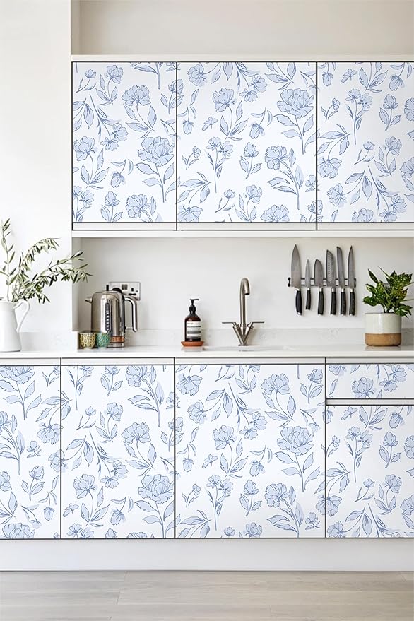 Timeet Floral Peel and Stick Wallpaper Blue and White Wallpaper Removable Self-Adhesive Wall Paper for Bedroom Bathroom Vintage Contact Paper for Walls Covering 17In×78.7In