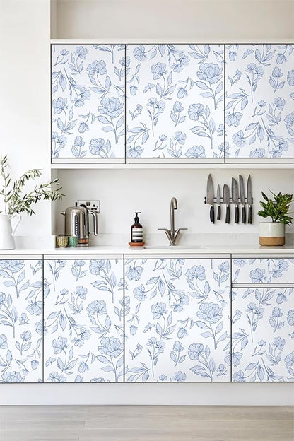 Timeet Floral Peel and Stick Wallpaper Blue and White Wallpaper Removable Self-Adhesive Wall Paper for Bedroom Bathroom Vintage Contact Paper for Walls Covering 17In×78.7In