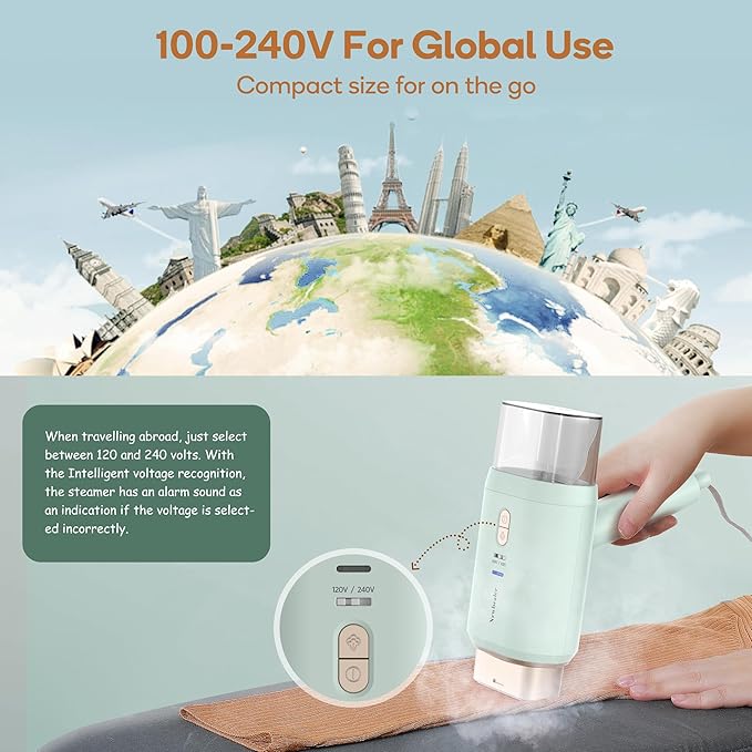 Newbealer Steamer for Clothes, Dual Voltage 100-240V, 1200W Travel Steamer with Horizontal & Vertical Steaming, 20s Heat-up, Foldable, 1.72lbs, 180ml Fabric Wrinkle Remover (Green)