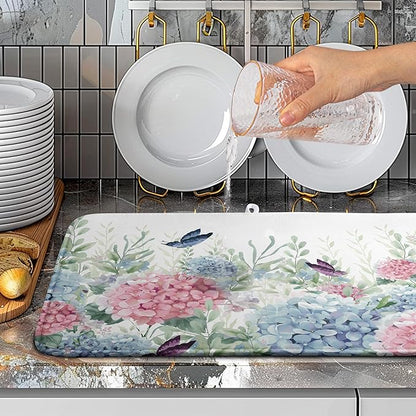 Spring Flowers Dish Drying Mat for Kitchen Counter Blue Pink Hydrangea Floral Drying Mats Absorbent Reversible Microfiber Dish Draining Mat Reusable Washable Dishes Pad Extra Large 18"x24"