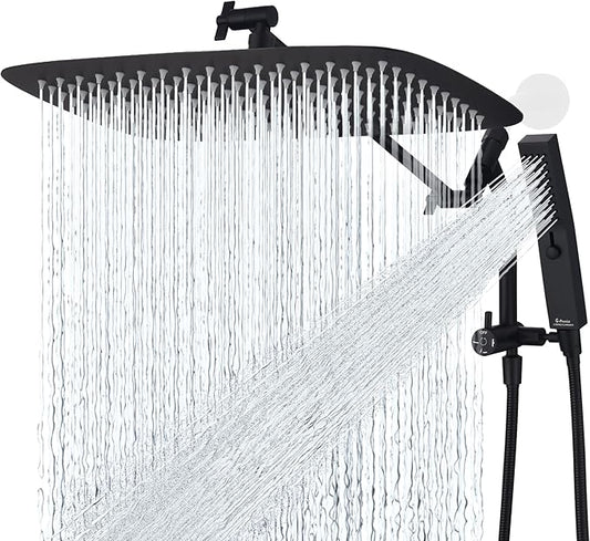 G-Promise All Metal 16 Inch Shower Head with Massage Mode Handheld, Rain Shower Head with Handheld Spray Combo, 3-Way Diverter with Pause Setting, 12 Inch Adjustable Extension Arm (Matte Black)