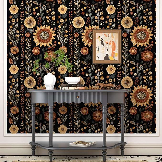 Boho Dark Floral Peel and Stick Wallpaper, Vintage Black Brown Flower Pattern Design Removable Wall Paper for Bedroom Cabinet Drawer, Vinyl Abstract Classic Contact Paper Decor 17.5In x 118In