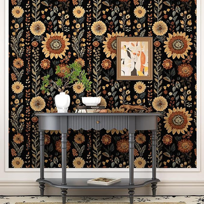Boho Dark Floral Peel and Stick Wallpaper, Vintage Black Brown Flower Pattern Design Removable Wall Paper for Bedroom Cabinet Drawer, Vinyl Abstract Classic Contact Paper Decor 17.5In x 118In