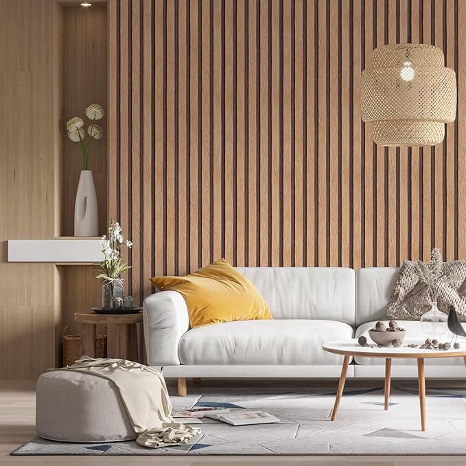 Yun-aeon Natural Wood Peel and Stick Wallpaper Wood Slats - 17.3"x 1200" Tan Self-Adhesive Waterproof Vinyl Removable Wall Paper for Wall Decor Bedroom
