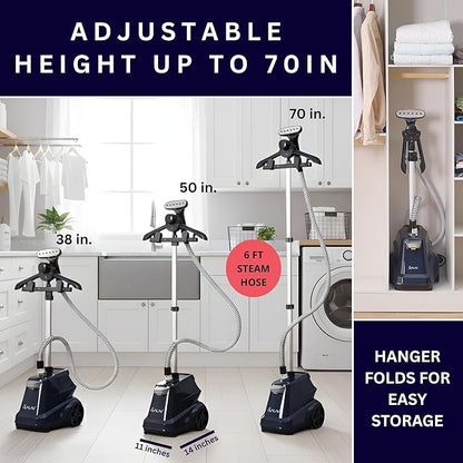 SALAV® Heavy Duty Smart Auto Shut-off Commercial Full-Size Garment Steamer, Beeping Alert when Water Runs out, Foot Pedal Control, XL 3L (101.5 oz) Tank, 1800 watts, 90+min of Continuous Steam, Navy