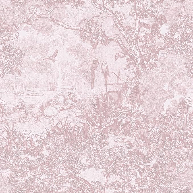 Heroad Peel and Stick Wallpaper Pink and White Vintage Forest Animals Floral Wallpaper Removable Self-Adhesive Contact Paper for Bedroom Living Room Cabinets Decoration Thicken Vinyl 17.3" x 197"