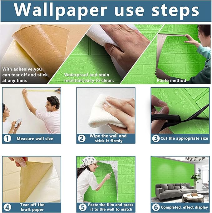 3D Wall Panels, 29 sq.feet Coverage, Printable Wallpaper Sticker with Self-Adhesive Waterproof Brick PE Foam Wall Panels Peel and Stick for Interior Wall Decor, Home Decoration 20 PCS Green
