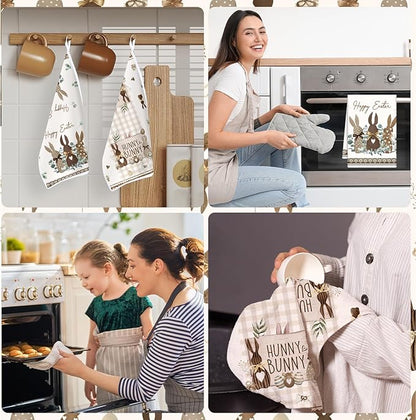 Easter Kitchen Towels Set of 4, Farmhouse Hunny Bunny Easter Dish Towels Gifts for Cooking Cleaning, Spring Hand Towels with Hanging Loop for Kitchen Bathroom Home Decor