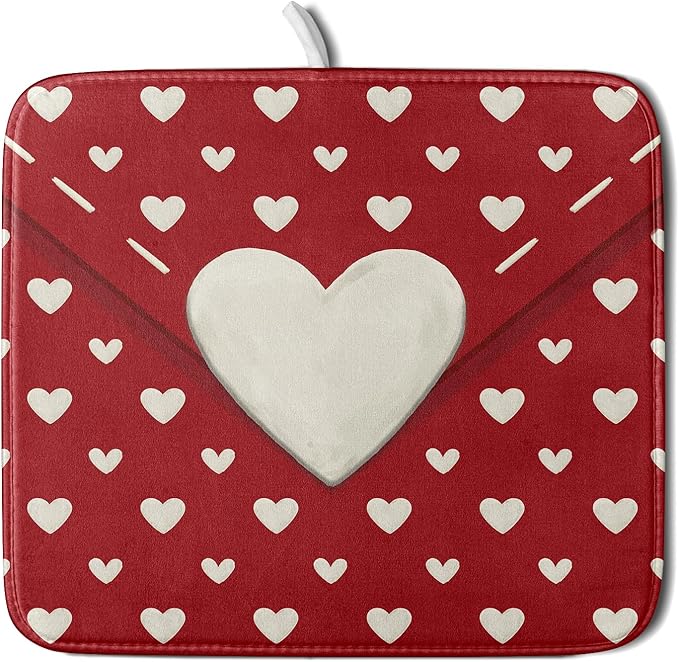 Valentines Day Dish Drying Mat for Kitchen Counter 16x18 Cream Red Love Heart Valentines Holiday Themed Absorbent Reversible Microfiber Drying Mats Kitchen Countertop Protector Dishes Drainer Pad