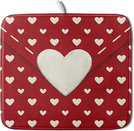 Valentines Day Dish Drying Mat for Kitchen Counter 16x18 Cream Red Love Heart Valentines Holiday Themed Absorbent Reversible Microfiber Drying Mats Kitchen Countertop Protector Dishes Drainer Pad