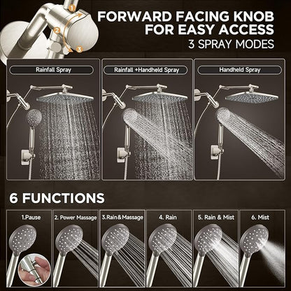 Veken Wide Brushed Nickel Rain Shower Head with Handheld, High Pressure Rainfall Showerhead Combo with Arm for Bathroom Accessories, Home Decor, Detachable Dual Shower with Multi Modes Handheld Spray