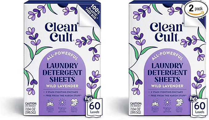 Cleancult Laundry Detergent Sheets - Resealable Box - 3 Stain Fighting Enzymes - Wild Lavender - 60 Loads - Free of Harsh Chemicals - No Mess - No Plastic Waste (Pack of 2)