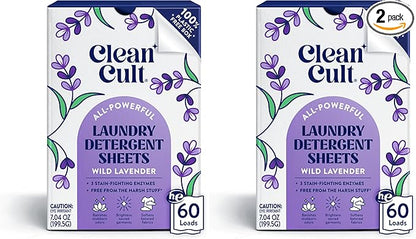 Cleancult Laundry Detergent Sheets - Resealable Box - 3 Stain Fighting Enzymes - Wild Lavender - 60 Loads - Free of Harsh Chemicals - No Mess - No Plastic Waste (Pack of 2)