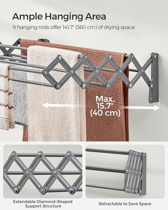 SONGMICS Clothes Drying Rack, Wall-Mounted Drying Rack Clothing, Small Accordion Laundry Rack, 9 Staggered Hanging Rods, Expandable and Retractable, Dove Gray ULLR802G01