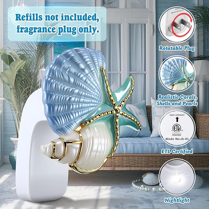 Hohean Wall Fragrance Plug in with Night Light Compatible with Bath & Body Works WallFlower Fragrance, Marine Style Essential Oil Diffuser Plug with Rotary Design (Shell Starfish Conch)