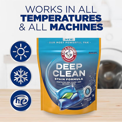 ARM & HAMMER Deep Clean Stain Formula Laundry Detergent Power Paks, Sparkling Clean Scent, 32 Count, 32 Loads
