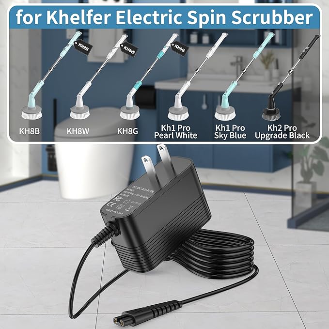 Charger for Khelfer Electric Spin Scrubber Power Cord for KHelfer Kh8 Pro Electric Spin Scrubber Compatible with Kh8 Series Kh1 Pro Kh2 Pro KH8W KH8B KH8G 9V Adapter Power Supply