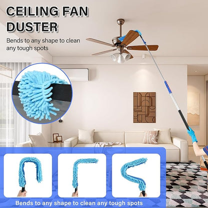 High Reach Cleaning Kit with 12FT Telescoping Pole - Ceiling Fan & Microfiber Feather Dusters, Cobweb Brush, Window Squeegee & Washer