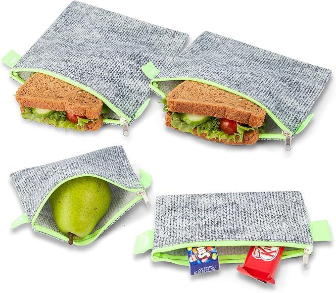 Nordic By Nature 4 Pack - Reusable Sandwich Bags Dishwasher Safe BPA Free - Durable Washable Quick Dry Cloth Baggies -Reusable Snack Bags School Lunches - Easy Open Zipper (Grey/Neon Green)
