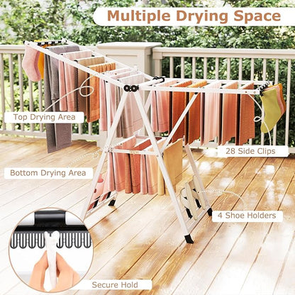 Giantex Clothes Drying Rack, Foldable Metal Laundry Drying Rack with Height Adjustable Wings, 16 Drying Rails, Sock Clips & Shoe Racks, Freestanding Clothing Stand for Indoor & Outdoor, White