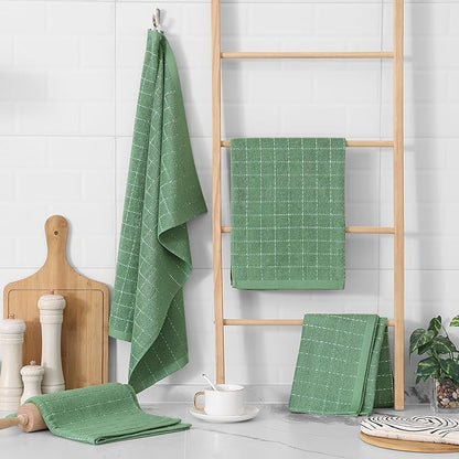 Homaxy 100% Cotton Terry Kitchen Towels(Grass Green, 20 x 28 inches), Checkered Designed, Soft and Super Absorbent Dish Towels, Large 8 Pack