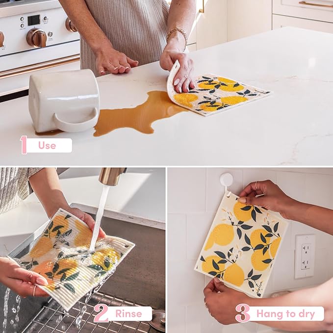Papaya Reusable Paper Towels, Premium Swedish Dishcloths with Hook, Non-Scratch Reusable Paper Towel, 1 Sheet Replaces 17 Rolls - 4 Sheets, 2 Hooks
