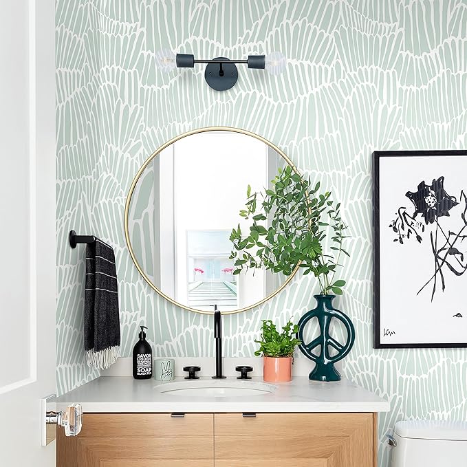 Guvana Green Wallpaper Peel and Stick Modern Sage Green and White Contact Paper Coastal Tropical Wallpaper Boho Striped Removable Waterproof Wall Paper for Bathroom Laundry Room Accent Wall 17.3"×197"