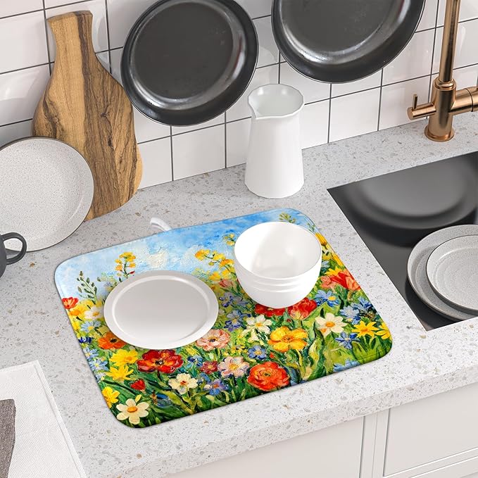 Spring Summer Floral Dish Drying Mat for Kitchen Counter 16x18 Green Yellow Blue Flower Wildflower Print Absorbent Reversible Microfiber Drying Mats Kitchen Countertop Protector Dishes Drainer Pad