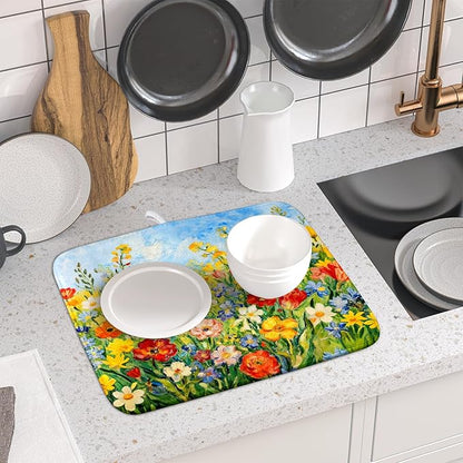 Spring Summer Floral Dish Drying Mat for Kitchen Counter 16x18 Green Yellow Blue Flower Wildflower Print Absorbent Reversible Microfiber Drying Mats Kitchen Countertop Protector Dishes Drainer Pad
