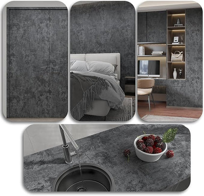 Grey Black Concrete Wallpaper Peel and Stick 12"x79" Industra Style Gray Cement Textured Contact Paper Self Adhesive Waterproof Removable Vinyl Film Stickers for Bathroom Kitchen Cabinet Decor