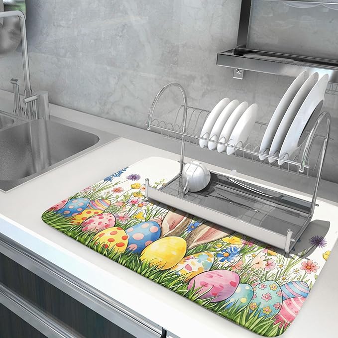 Easter Colorful Bunny Egg Flowers Dish Drying Mat 18 x 24 Inch Absorbent Reversible Microfiber Spring Butterfly Floral Rabbit Holiday Drying Mats Fast Dry Pad Draining Mat For Kitchen Countertop