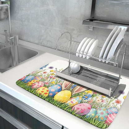 Easter Colorful Bunny Egg Flowers Dish Drying Mat 18 x 24 Inch Absorbent Reversible Microfiber Spring Butterfly Floral Rabbit Holiday Drying Mats Fast Dry Pad Draining Mat For Kitchen Countertop