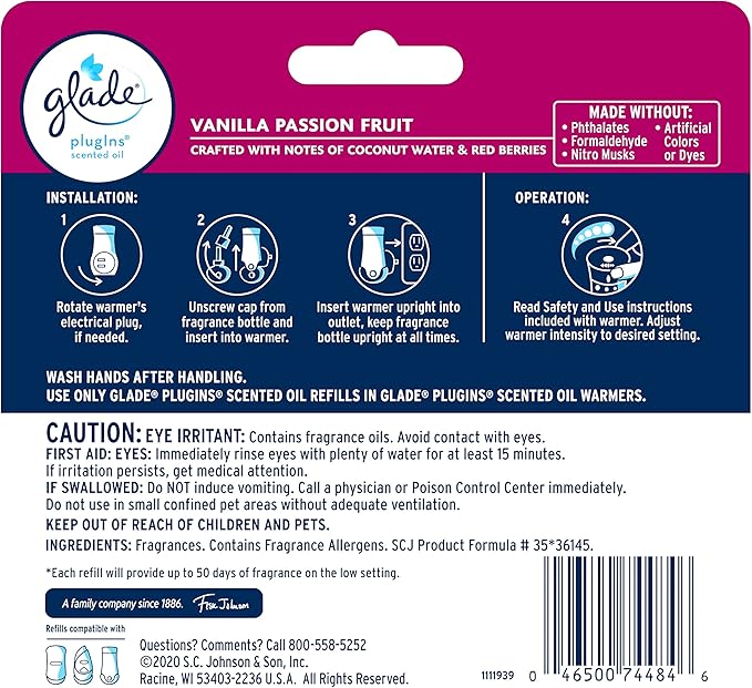 Glade PlugIns Refills Air Freshener, Scented and Essential Oils for Home and Bathroom, Vanilla Passion Fruit, 2.01 Fl Oz, 3 Count