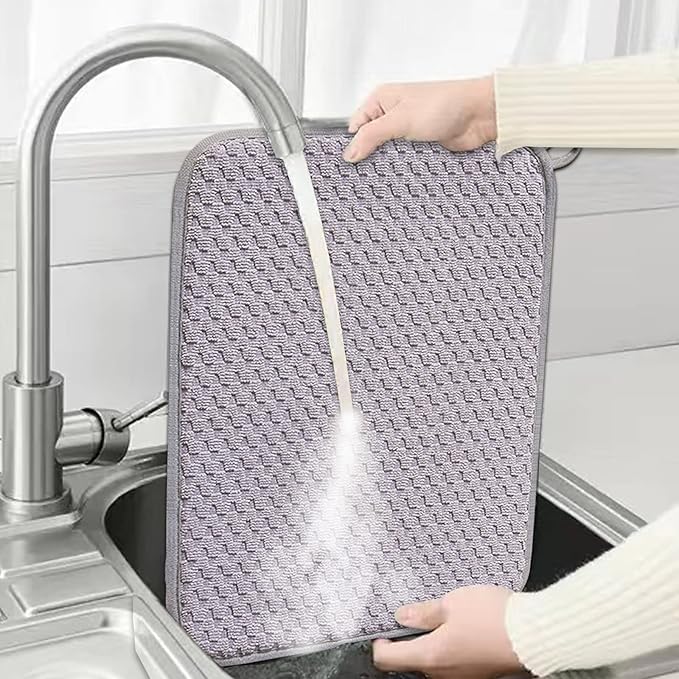 Dish Drying Mats for Kitchen Counter 2 Pack, Dish Drying Pads Absorbent, Washable Microfiber Dishes Drainer Mats (Grey)