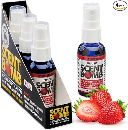 Scent Bomb Air Freshener Spray, Long-Lasting Odor Eliminator - Effective Deodorizer for Home & Car, Fresh Room Spray for Kitchen, Bathroom & Smell Neutralizer - 1 oz Pack of 4, Strawberry Scent