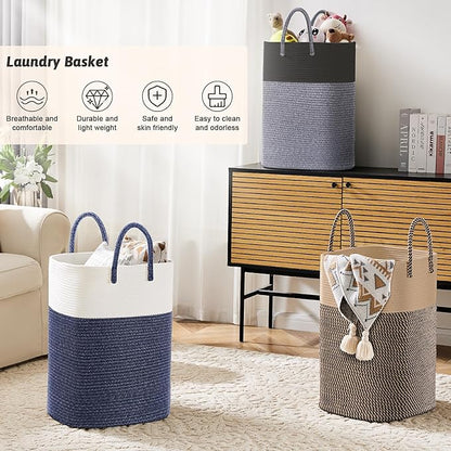 Laundry Basket,Woven Cotton Rope Laundry Hamper,Versatile Storage for Dirty Clothes,Baby Toys,and Blankets in Bathroom, Nursery,and Living Room (Jute, 80L)