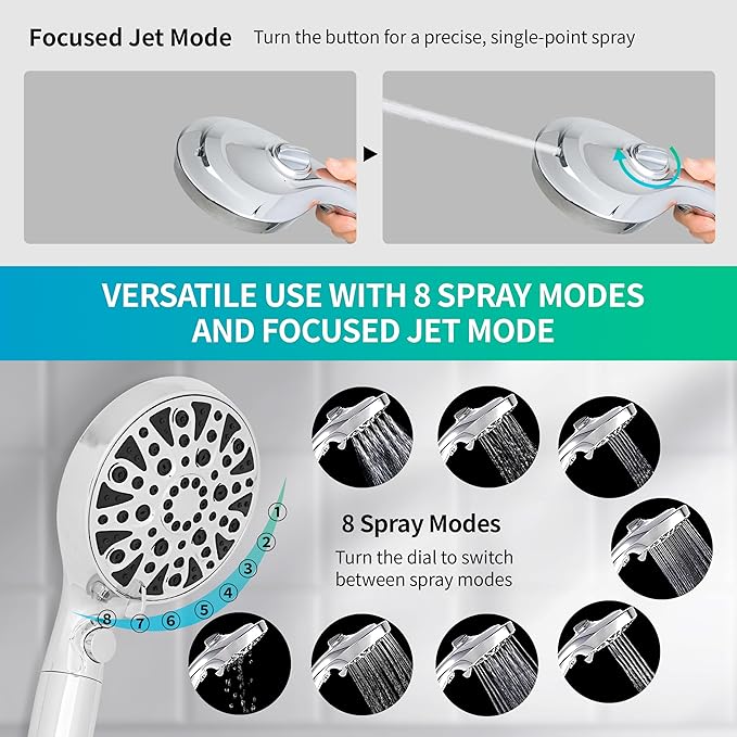 HYLER Filtered Handheld Shower Head with 8-Spray Modes and 1-Jet, 1.8 GPM Water Saving, ON/OFF Switch, 6ft Extra-long Stainless Hose, 15-Stage Strong Filter, Black Matte and 1-Extra Filter