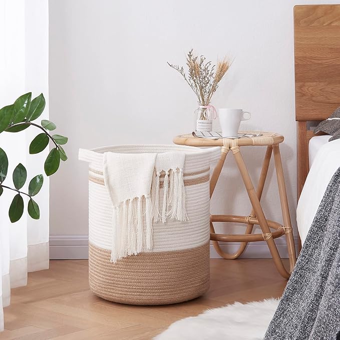 OIAHOMY Laundry Basket- Rope Basket Large Storage Basket with Handles,Modern Decorative Woven Basket for Living Room,Storage Baskets for Toys, Throws, Pillows,and Towels -18"×16"-White&Yellow
