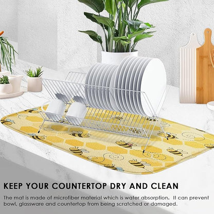 Sanwarm Absorbent Dish Drying Mat, Honey Baby Cute Yellow Bees Microfiber Pad for Kitchen Counter, Coffee Bar Decor, Heat Resistant and Reversible, 16" x 18"