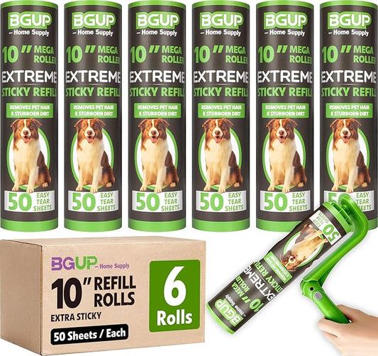 10 Inch Lint Roller Refills, 6 Rolls 300 Sheets Large Lint Rollers for Pet Hair Extra Sticky, Easily Remove Carpets, Clothes, Couch and Curtains Dust (Not Include Lint Roller Handle)