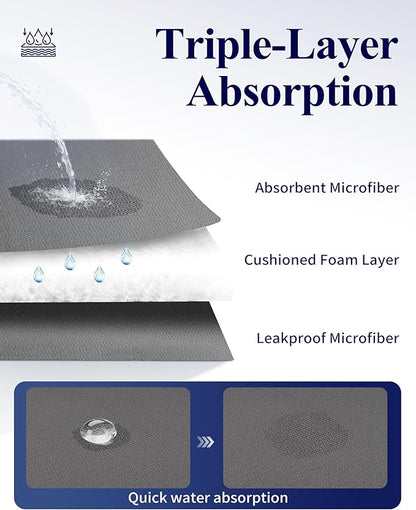 Kitsure Dish Drying Mat - 2-Pack Washable Microfiber Drying Mat for Kitchen Counter, 3-Layer Ultra Absorbent Pad with a Hanging Hook, 20" x 14", Dark Grey