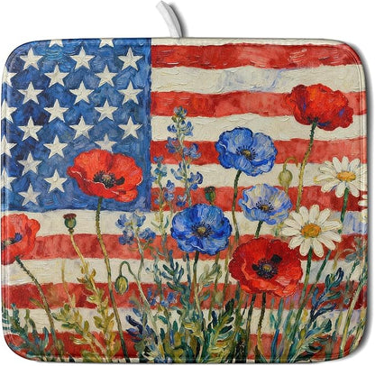 4th of July Patriotic Dish Drying Mat for Kitchen Counter 16x18 Red Blue White Floral American Flag Holiday Absorbent Reversible Microfiber Drying Mats Kitchen Countertop Protector Dishes Drainer Pad