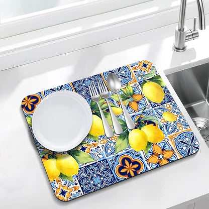 Rubber Dish Drying Mat for Kitchen Counter Large Lemon Washable Quick Home Coffee Pad Fit Under Sink,Bar,Utensils 18x24in