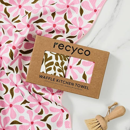 RECYCO Waffle Kitchen Towel Set of 2 - Quick Dry Microfiber Sustainable Dish Towels - Ultra Absorbent Reusable Cleaning Tea Towels - Lightweight Hand Towels,16”x 28”, Petal & Leaf