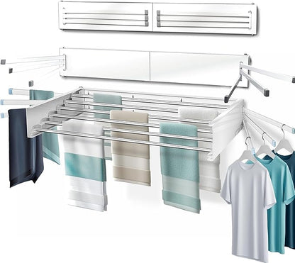 MODERN-X Wall Mounted Clothes Drying Rack Foldable w/ 2 Fold Out Towel Racks Built-in, 35in, 26 Ln. ft of Laundry Rack Space, 6 Collapsible Rods, Fits 2X More Clothes & Holds up to 80lbs, White