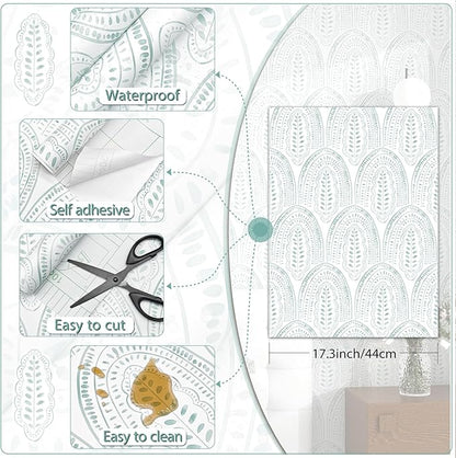 Modern Peel and Stick Wallpaper Boho Contact Paper 17.3''×78.8'' Self Adhesive Removable Wallpaper Peel and Stick Wall Paper Green and White Wallpapers for Bedroom Bathroom Cabinets Decor Vinyl