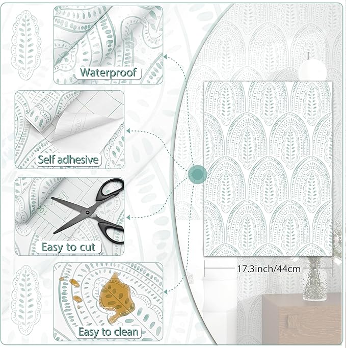 Modern Peel and Stick Wallpaper Boho Contact Paper 17.3''×197'' Self Adhesive Removable Wallpaper Peel and Stick Wall Paper Green and White Wallpapers for Bedroom Bathroom Cabinets Decor Vinyl