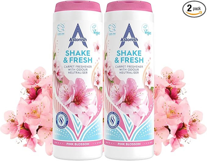 Astonish 350g Shake Fresh Pink Peony Carpet Odor Eliminator Powder, 2 Pack - Pet Smell Neutralizer, Vacuum Safe for a Long Lasting Room Scent, Floor Refresher, Home Deodorizer, Soft Floral Fragrance
