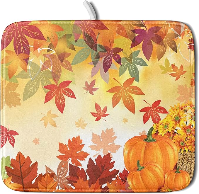 Autumn Fall Dish Drying Mat for Kitchen Counter Pumpkin Maple Leaves Drying Mat 16 x 18 Inch with Absorbent Reversible Microfiber Dish Drying Pad Dish Rack Drainer Mat for Coffee Bar