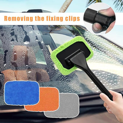 Car Windshield Cleaning Tool, Microfiber Window Cleaner with 4 Washable and Reusable Cloth Pad & Long Handle, Auto Glass Wiper Cleaning Kit with Spray Bottle, Car Accessories